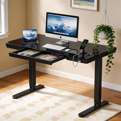 48" × 24" Glass-Top Electric Standing Desk with Drawer & USB Charging Ports