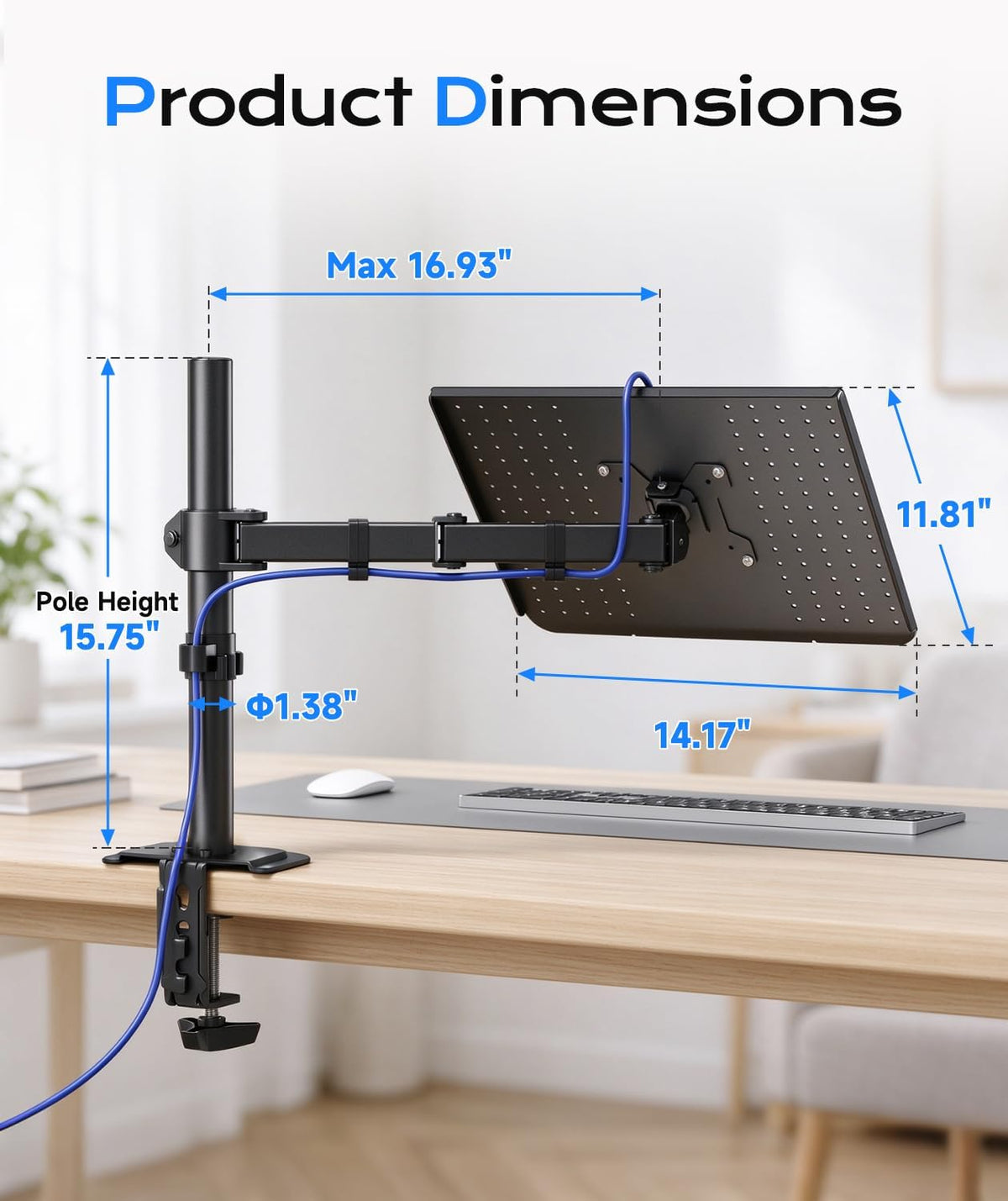 Single Laptop Notebook Desk Mount with Tray for 13-27 Inch Computer Screen, Fully Adjustable Laptop Desk Arm for Notebook up to 17’’, Weight up to 15.6 Lbs