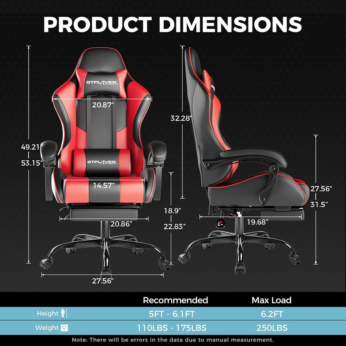Gaming Chair, Computer Chair with Footrest and Lumbar Support, Height Adjustable Game Chair with 360°-Swivel Seat and Headrest and for Office or Gaming (Faux Leather, Red)