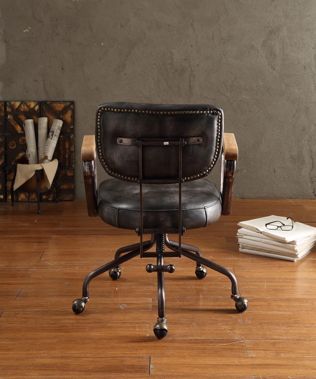 Top Grain Leather Office Chair with Button-Tufted Mid-Back - Vintage Black