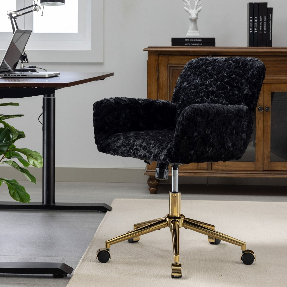 Artificial Rabbit Hair Office Chair with Metal Base - Swivel, Adjustable Height