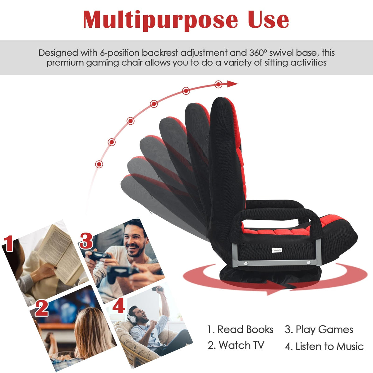 360° Swivel Gaming Floor Chair with Adjustable, Foldable Backrest