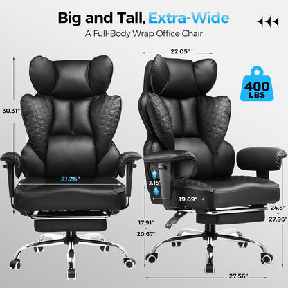 Big and Tall Office Chair Heavy Duty Wide Ergonomic Gaming Chair with Deluxe Embossing Designed Leather with Foot Rest, 145°Reclining Adjustable Armrests Pocket Spring Back Support and Pillow