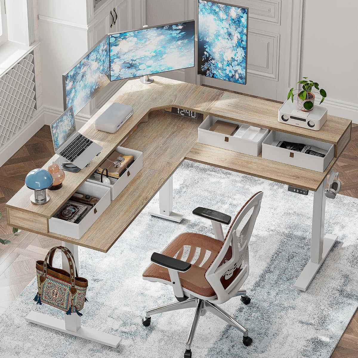 L Shaped 63 X 55 Inch Standing Desk Adjustable Height, Electric Corner Standing Desk with 4 Drawers and Upper Shelf, Sit Stand Computer Table with Splice Board, Maple