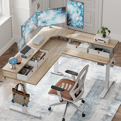 L Shaped 63 X 55 Inch Standing Desk Adjustable Height, Electric Corner Standing Desk with 4 Drawers and Upper Shelf, Sit Stand Computer Table with Splice Board, Maple