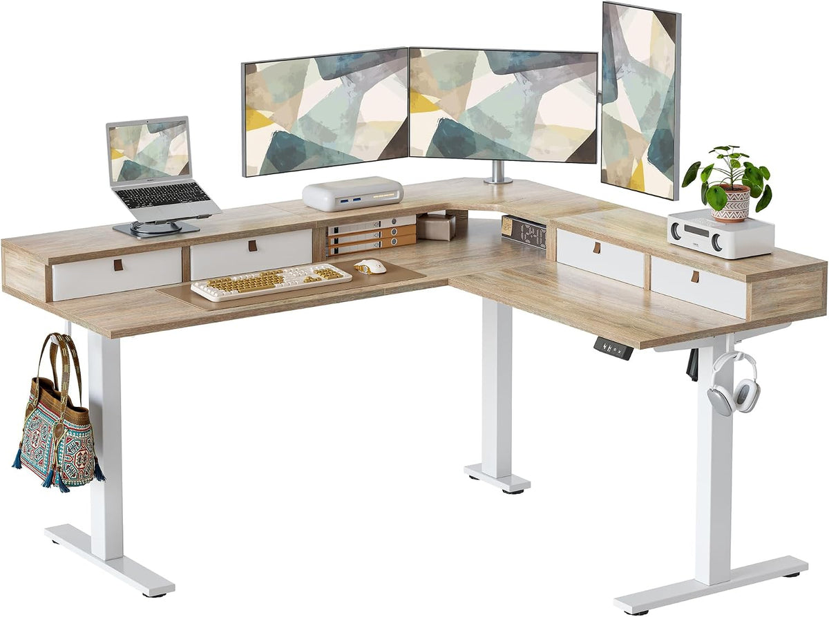 L Shaped 63 X 55 Inch Standing Desk Adjustable Height, Electric Corner Standing Desk with 4 Drawers and Upper Shelf, Sit Stand Computer Table with Splice Board, Maple