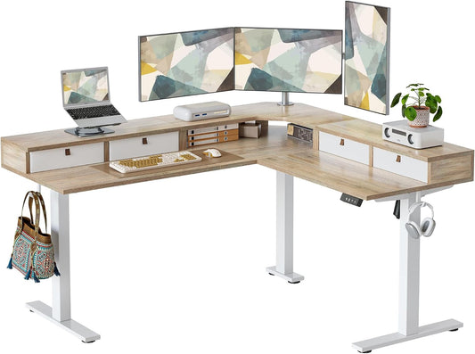 L Shaped 63 X 55 Inch Standing Desk Adjustable Height, Electric Corner Standing Desk with 4 Drawers and Upper Shelf, Sit Stand Computer Table with Splice Board, Maple