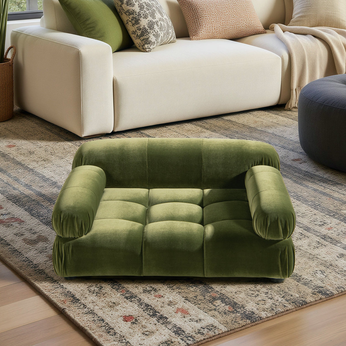 Olive Green Velvet Upholstered Pet Bed with Bolstered Arms - Small to Medium
