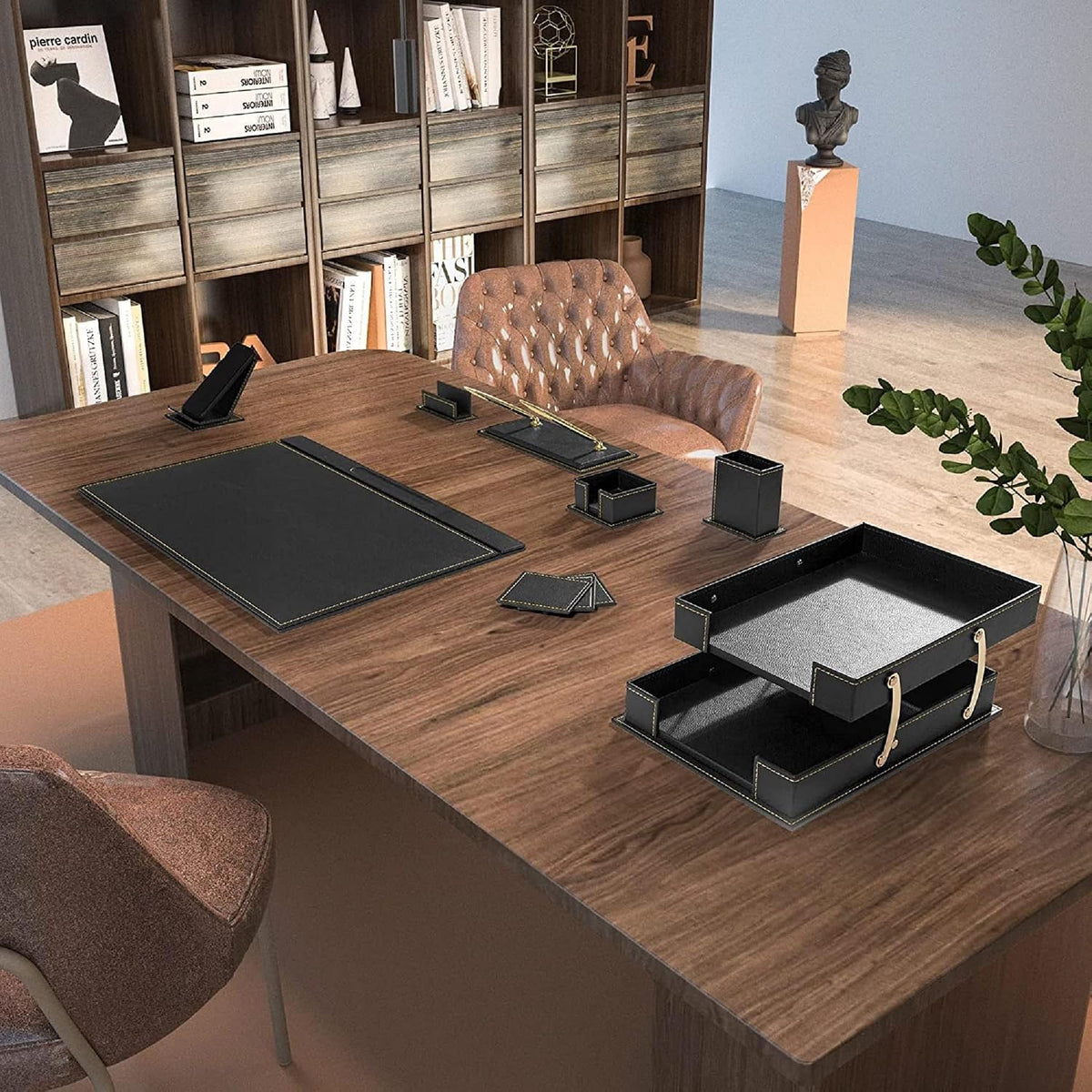 12-Piece Leather Desk Set — Desk Pad 23.2" X 15.4", Double Document Tray, Pen Holder — Desk Organizer Set for Home Office & Executive Desk Accessories