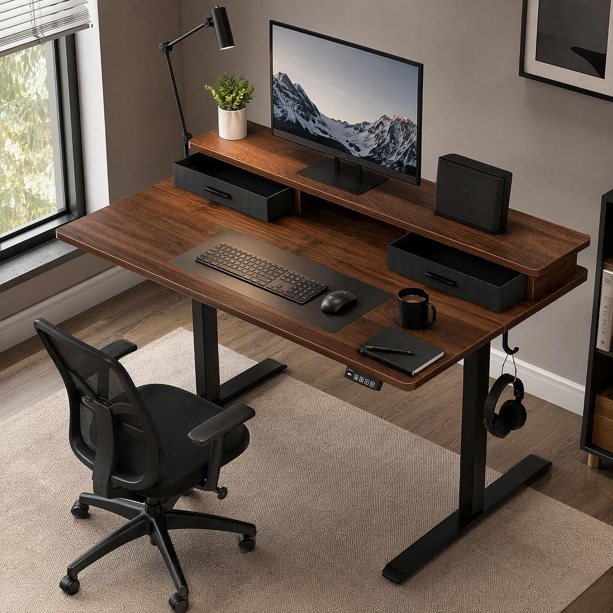 Electric Standing Desk with Two Drawers, Sit to Stand up Height Adjustable Desk with Storage Shelf for Home Office, 47 * 24 Inch, Study, Ergonomic Adjustable Computer Desk, Walnut