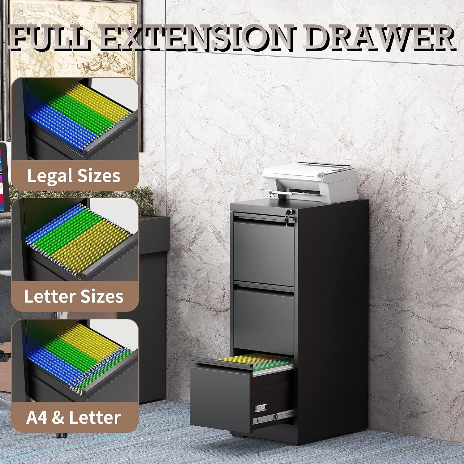 3 Drawer Vertical File Cabinet with Lock, Metal Filing Cabinets for Home Office, Heavy Duty File Storage Cabinet for Legal/Letter/A4 Documents, Easy to Assemble, Black