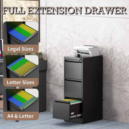 3 Drawer Vertical File Cabinet with Lock, Metal Filing Cabinets for Home Office, Heavy Duty File Storage Cabinet for Legal/Letter/A4 Documents, Easy to Assemble, Black