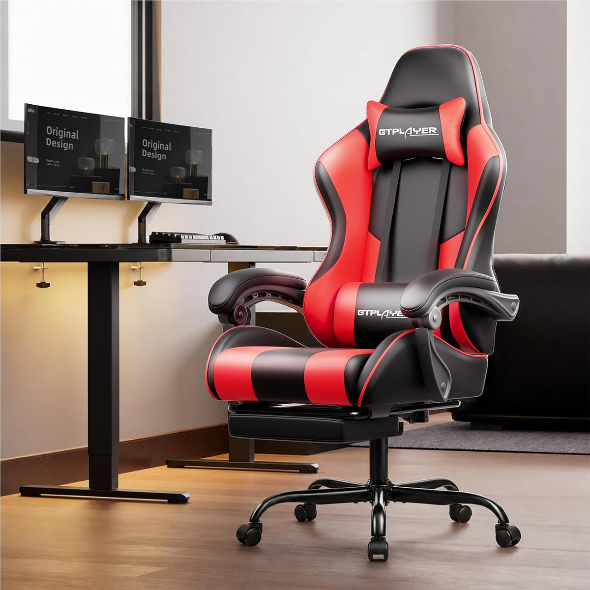 Gaming Chair, Computer Chair with Footrest and Lumbar Support, Height Adjustable Game Chair with 360°-Swivel Seat and Headrest and for Office or Gaming (Faux Leather, Red)