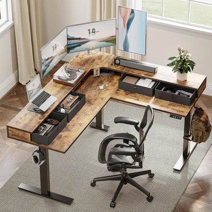 L Shaped 63 X 55 Inch Standing Desk Adjustable Height, Electric Corner Standing Desk with 4 Drawers and Upper Shelf, Sit Stand Computer Table with Splice Board, Rustic Brown