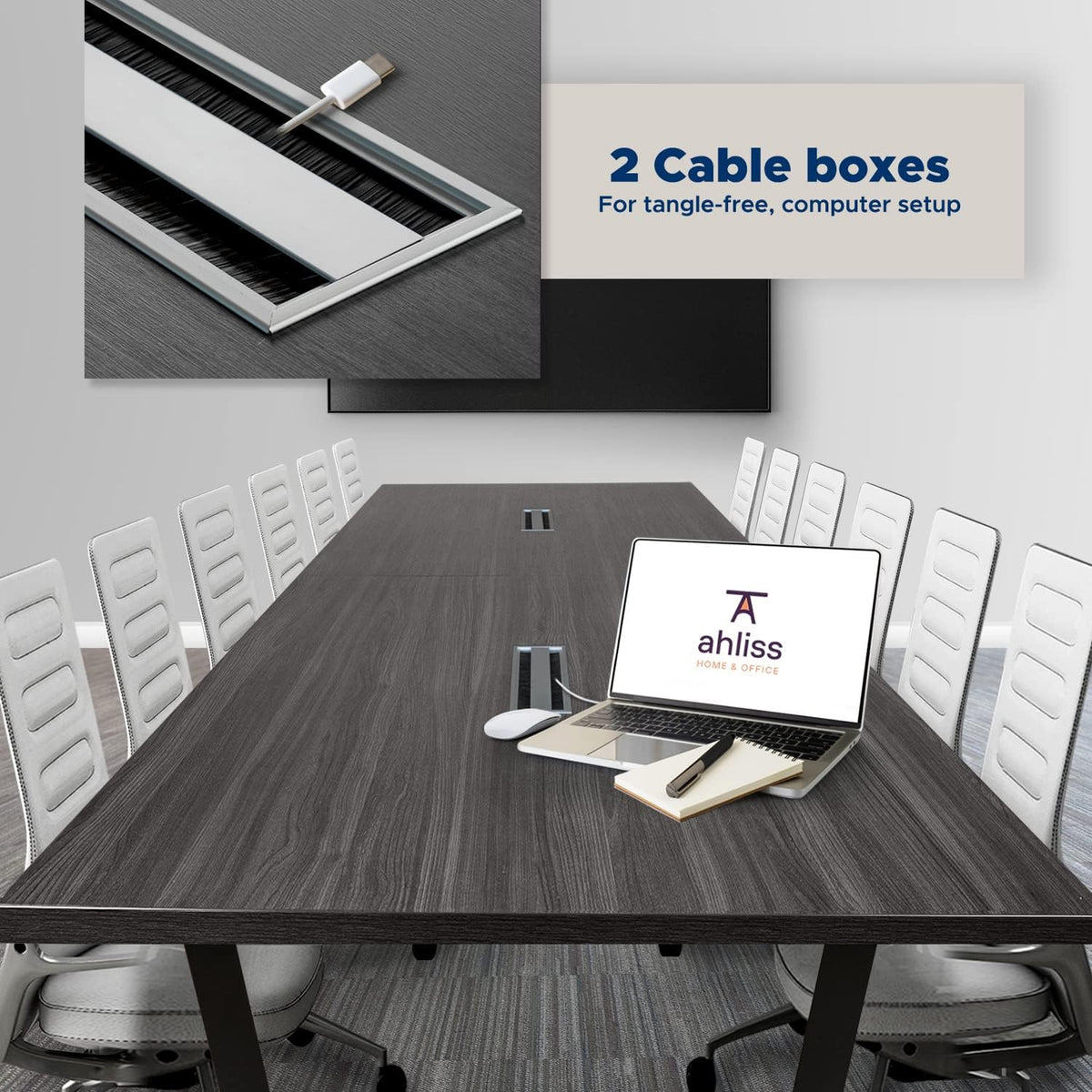 12FT Conference Table with Cable Management Grommets — Modern Rectangle Office Meeting/Boardroom Table with Melamine Wood Top and Metal Frame (Grey)