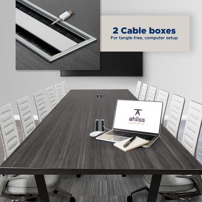12FT Conference Table with Cable Management Grommets — Modern Rectangle Office Meeting/Boardroom Table with Melamine Wood Top and Metal Frame (Grey)