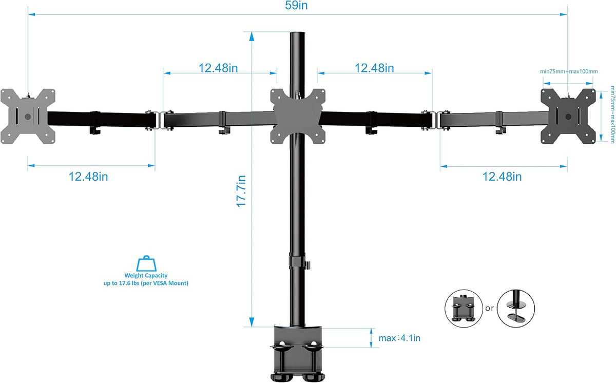 Premium Triple Monitor Desk Mount - Standard Pattern Fits 13" - 27" LED LCD Flat Computer Screen - Three Articulated Full Motion Adjustable Arms - Grommet and C Clamp - Black (R DM3)