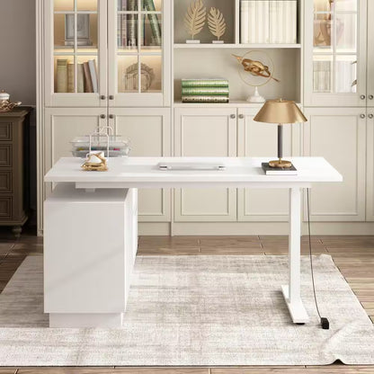 54.3 In. W L-Shaped White Writing Desk Adjustable Height Desk Home Office Workstation with Pop-Up Design Cabinet Drawers