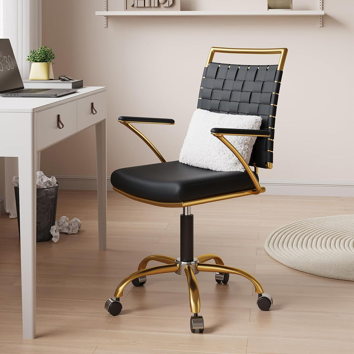 Black and Gold Office Chair, Mid-Back PU Leather Seat
