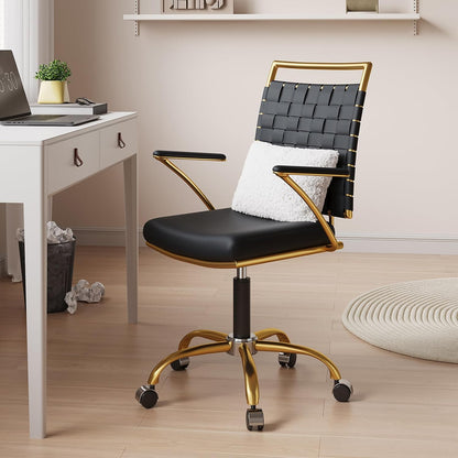 Black and Gold Office Chair, Mid-Back PU Leather Seat