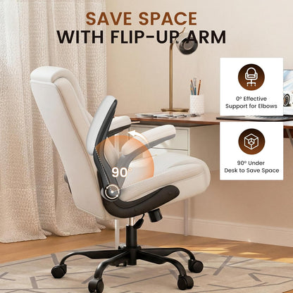 Comfy Office Chair, Home Desk Chair with Flip-Up Armrests and Ergonomic Back - Heavy Duty PU Leather Executive Chair for Office Gaming, White