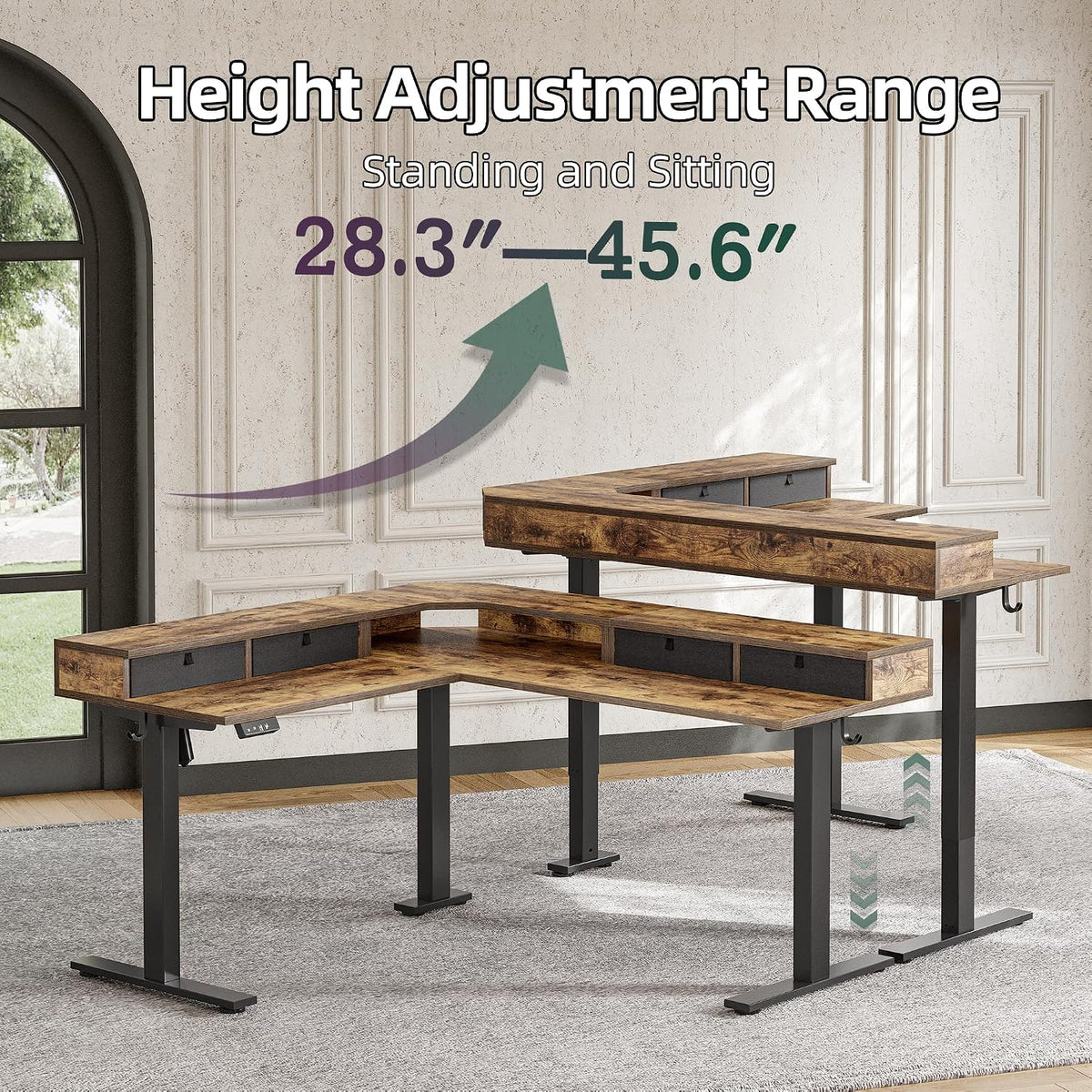 L Shaped 63 X 55 Inch Standing Desk Adjustable Height, Electric Corner Standing Desk with 4 Drawers and Upper Shelf, Sit Stand Computer Table with Splice Board, Rustic Brown