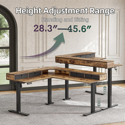 L Shaped 63 X 55 Inch Standing Desk Adjustable Height, Electric Corner Standing Desk with 4 Drawers and Upper Shelf, Sit Stand Computer Table with Splice Board, Rustic Brown