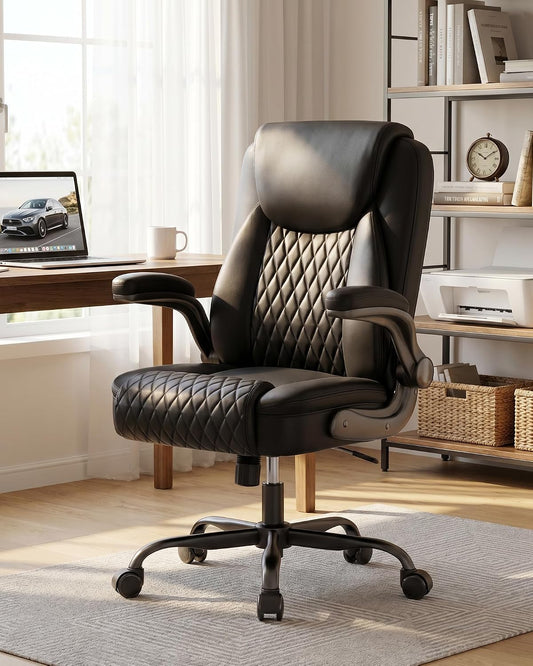 Mid-Back Office Chair, Ergonomic PU Desk Chair with Flip up Arms, Small Computer Gaming with Comfy Lumbar Support,Rocking Function,Sturdy Metal Base, Ink Black