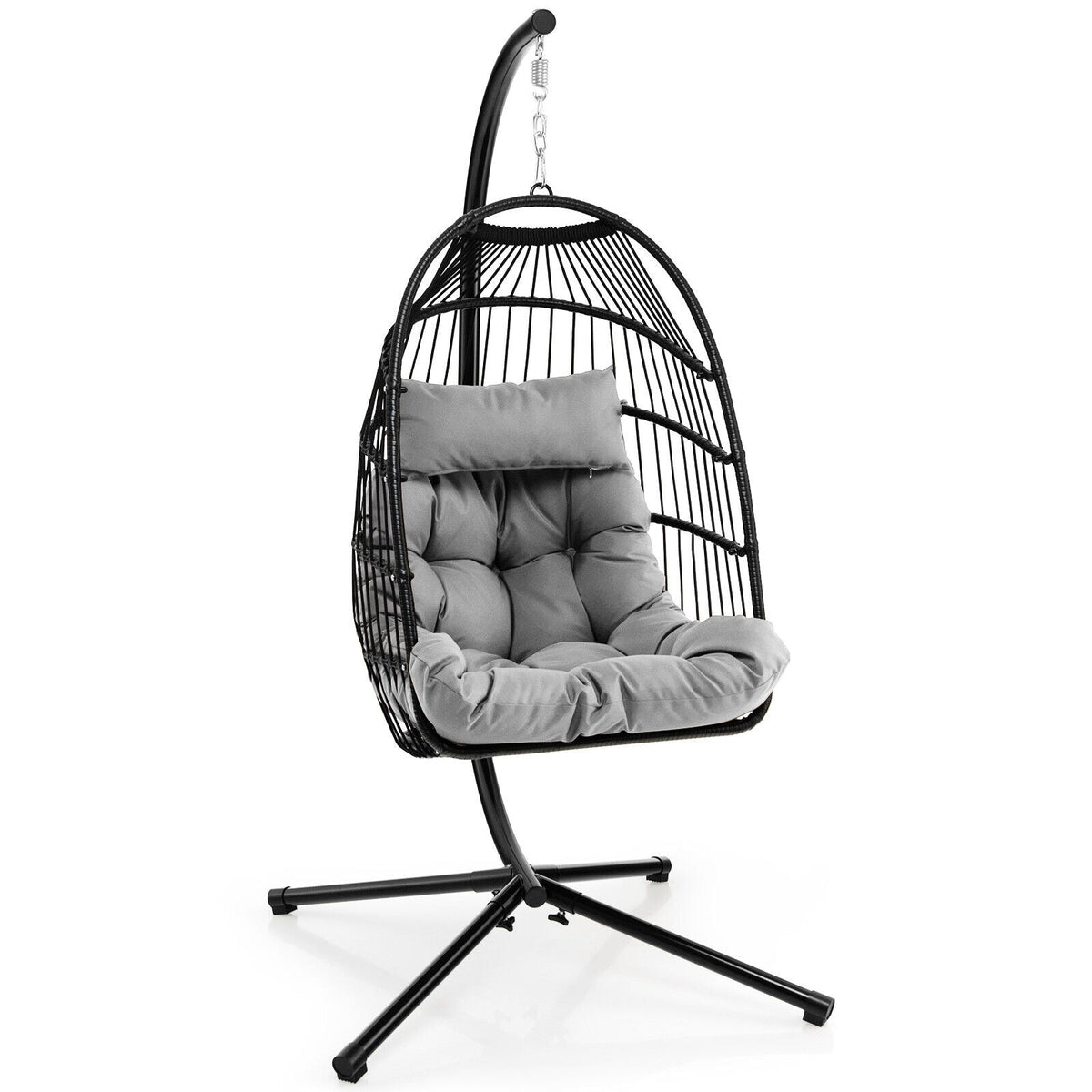 Hanging Egg Chair with Stand, Folding Basket & Waterproof Cover – Gray
