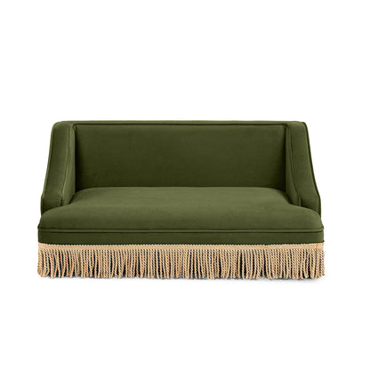 Olive Green Velvet Princess Pet Bed Sofa with Fringe Skirt - Medium