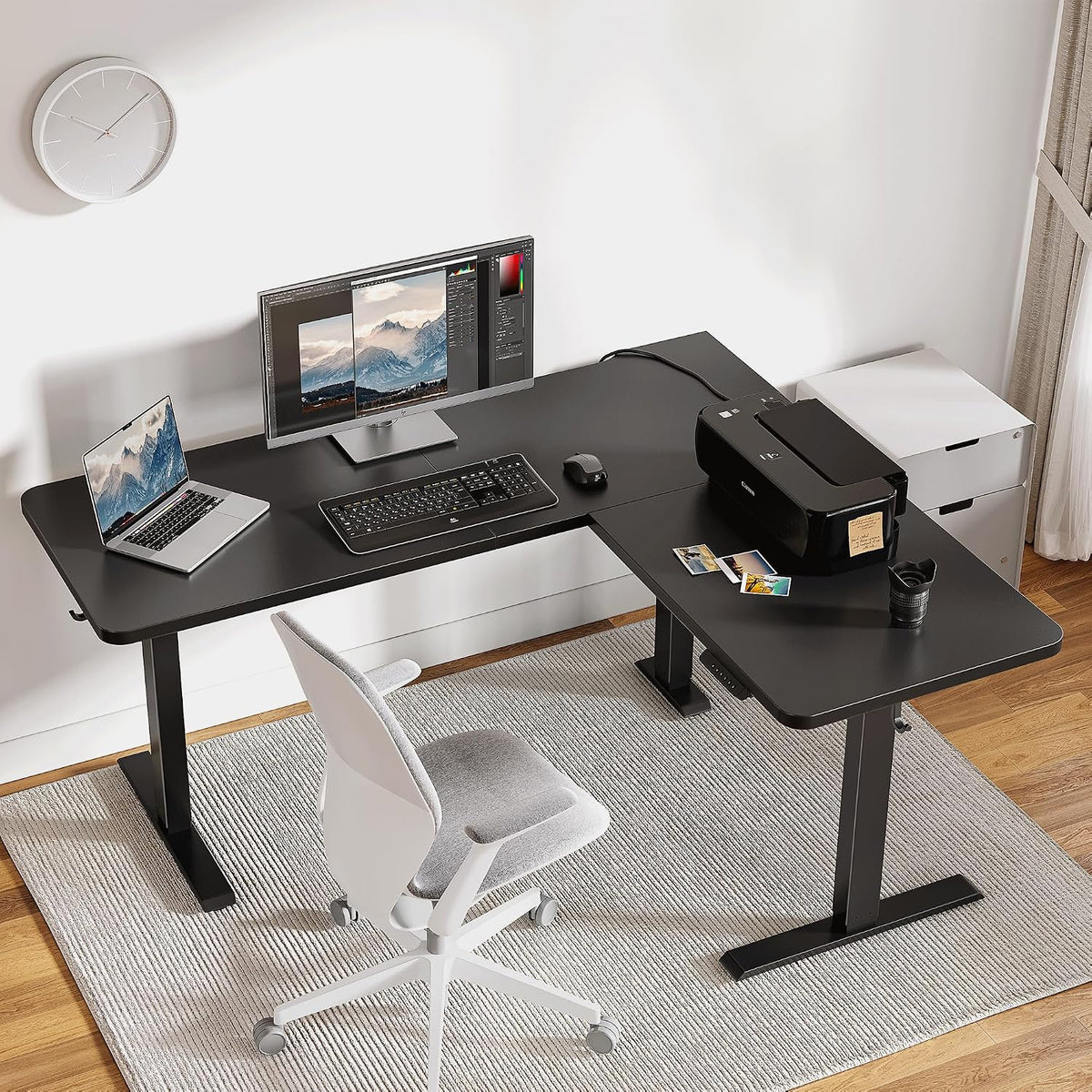 L Shaped Standing Desk - 63 X 55 Inch Electric Adjustable Height Corner Standing Desk, Ergonomic Sit Stand up Table with 3 Memory Buttons, Splice Board for Home Office, Black