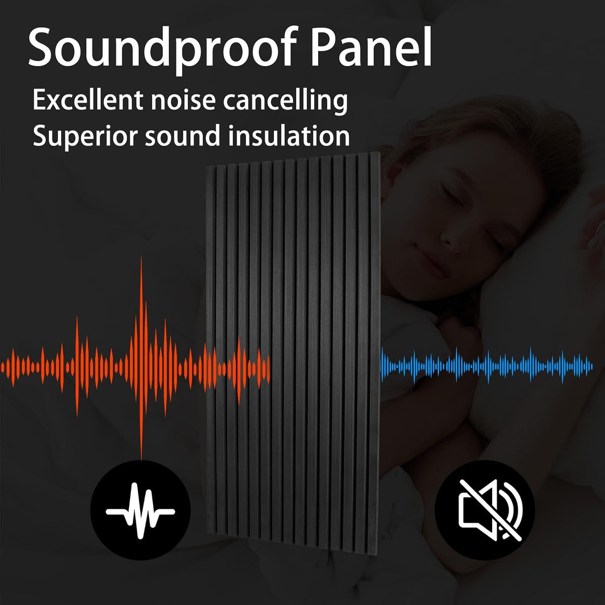 Home Acoustic Panels for Wall & Ceiling - 3D Fluted Soundproof Studio Panels for Home Theater, Bedroom, Office Noise Reduction - Set of 2 Wood Slat Panels 47.2"X23.6", Matte Black Wall Decor
