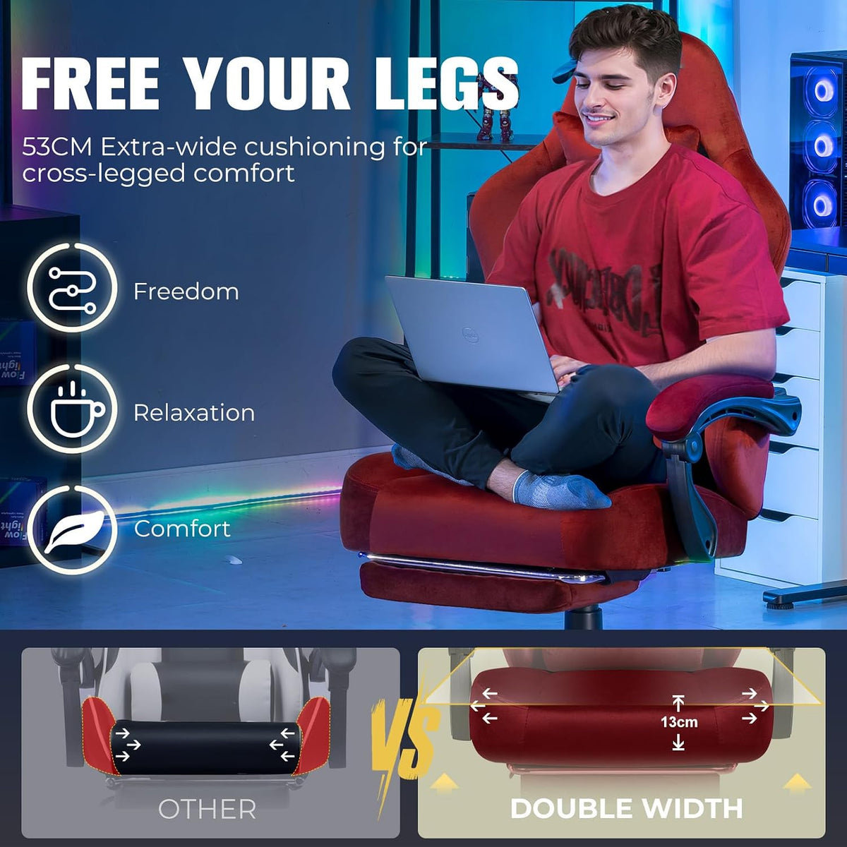 Big and Tall Gaming Chair 400Lbs Heavy Duty Office Chair with Foot Rest, High Back Pocket Spring Ergonomic Computer Chair for Adults, Wide Comfy Seated Cushion with Linkage Armrests, Red