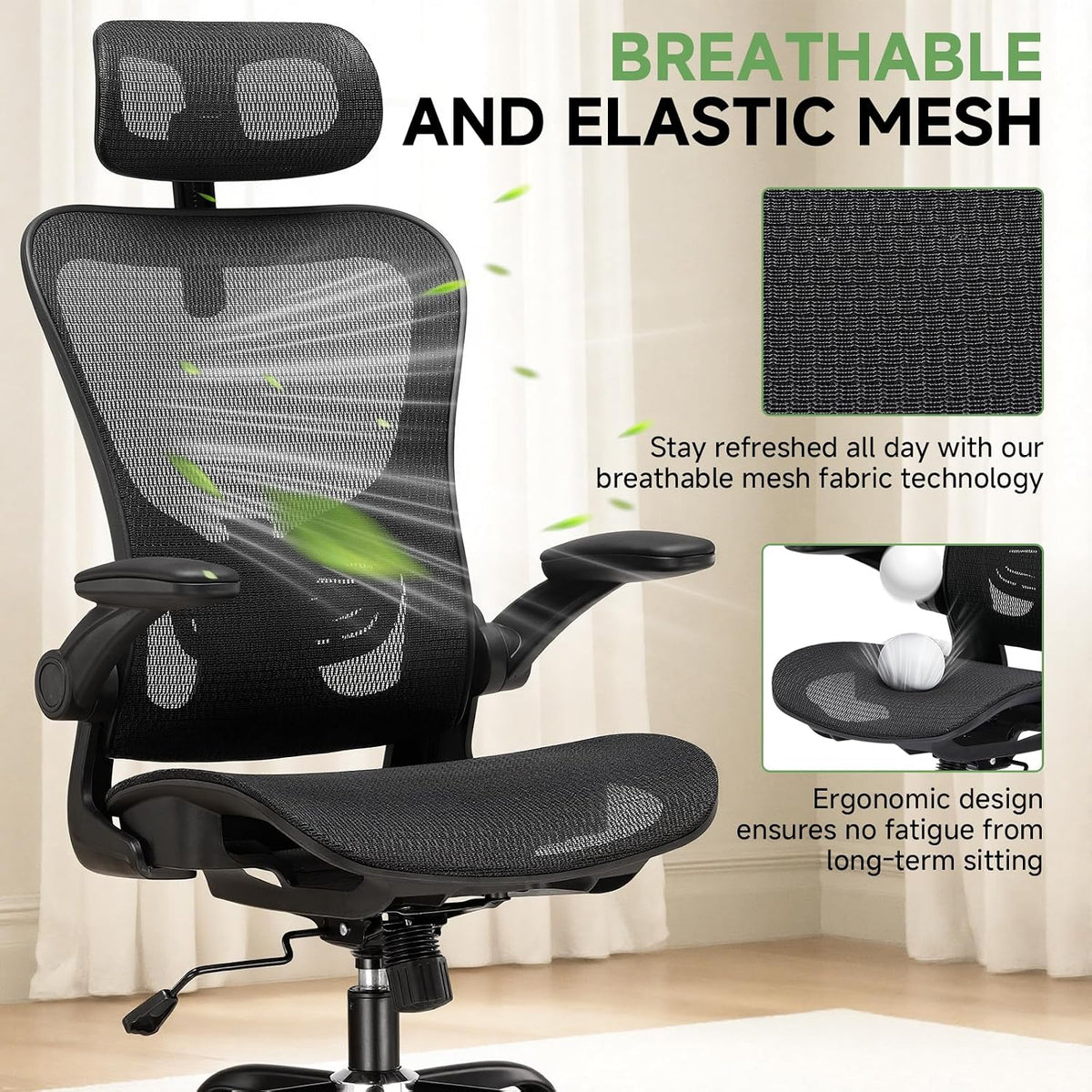 Office Chair, Home Ergonomic Desk Chair with High Back Mesh, Mesh Office Computer Desk Chairs with Adjustable Lumbar Support, Rolling Work Swivel Task Chairs with 3D Armrests and Headrest
