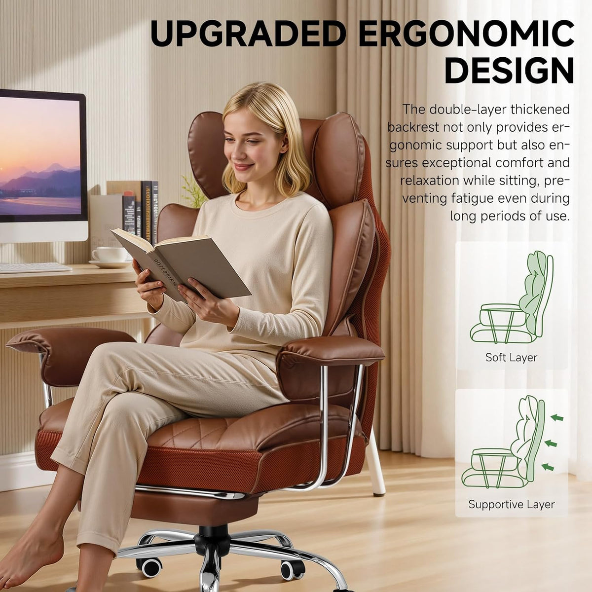 Big and Tall Office Chair, High Back Leather Gaming Chair with Footrest, Executive Ergonomic Office Chairs with Pocket Spring Lumbar Support and with Outward Fixed Soft Armrests