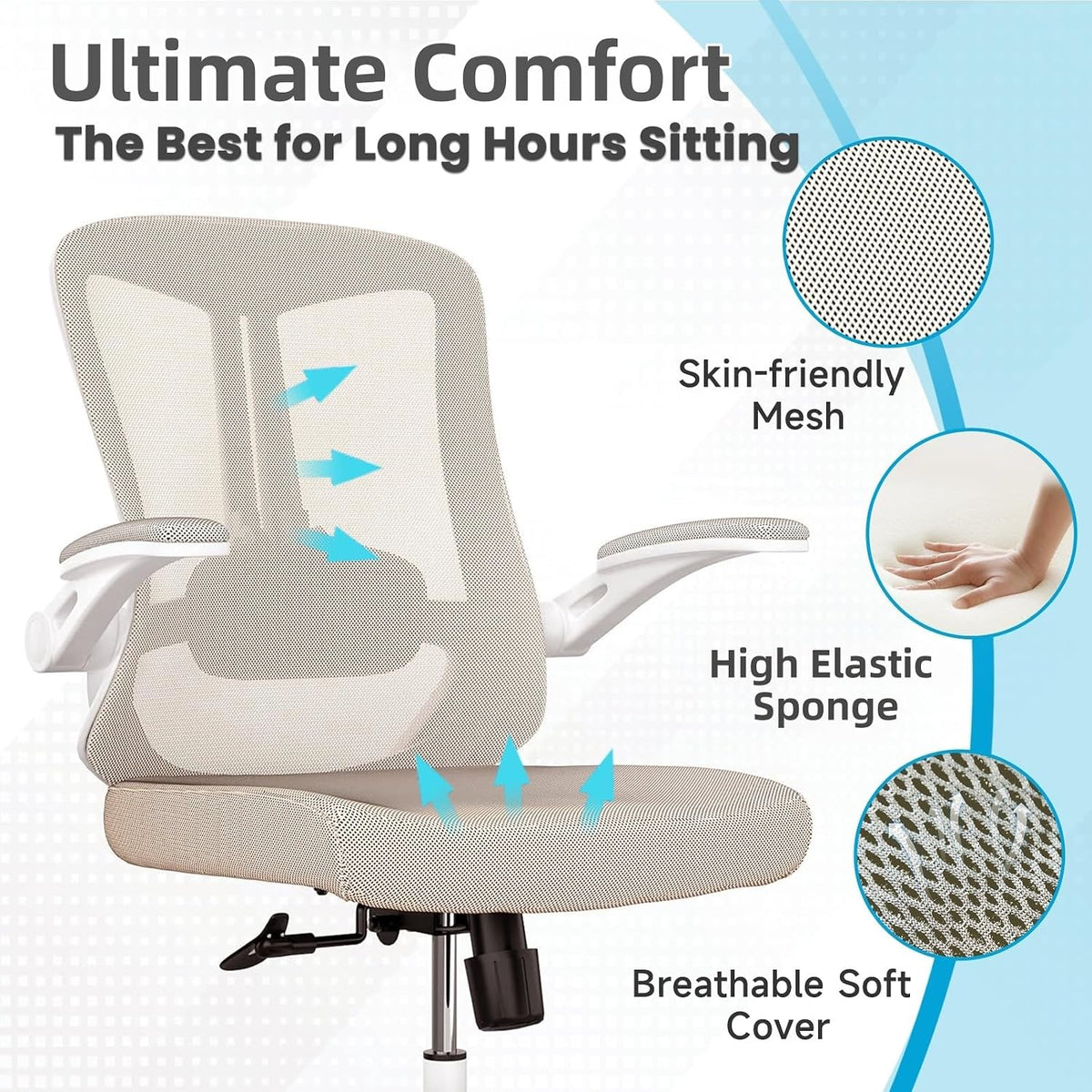 Ergonomic Office Chair, Home Office Desk Chair with Wheels, Mesh Office Chair with Lumbar Support, Comfortable Office Chair, Study and Dorm, Khaki