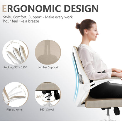 Ergonomic Office Chair, Home Office Desk Chair with Wheels, Mesh Office Chair with Lumbar Support, Comfortable Office Chair, Study and Dorm, Khaki