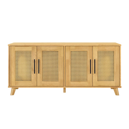 Rubberwood Cat Cabinet with Plush Cushion & Rattan Doors – Natural