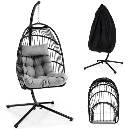Hanging Egg Chair with Stand, Folding Basket & Waterproof Cover – Gray