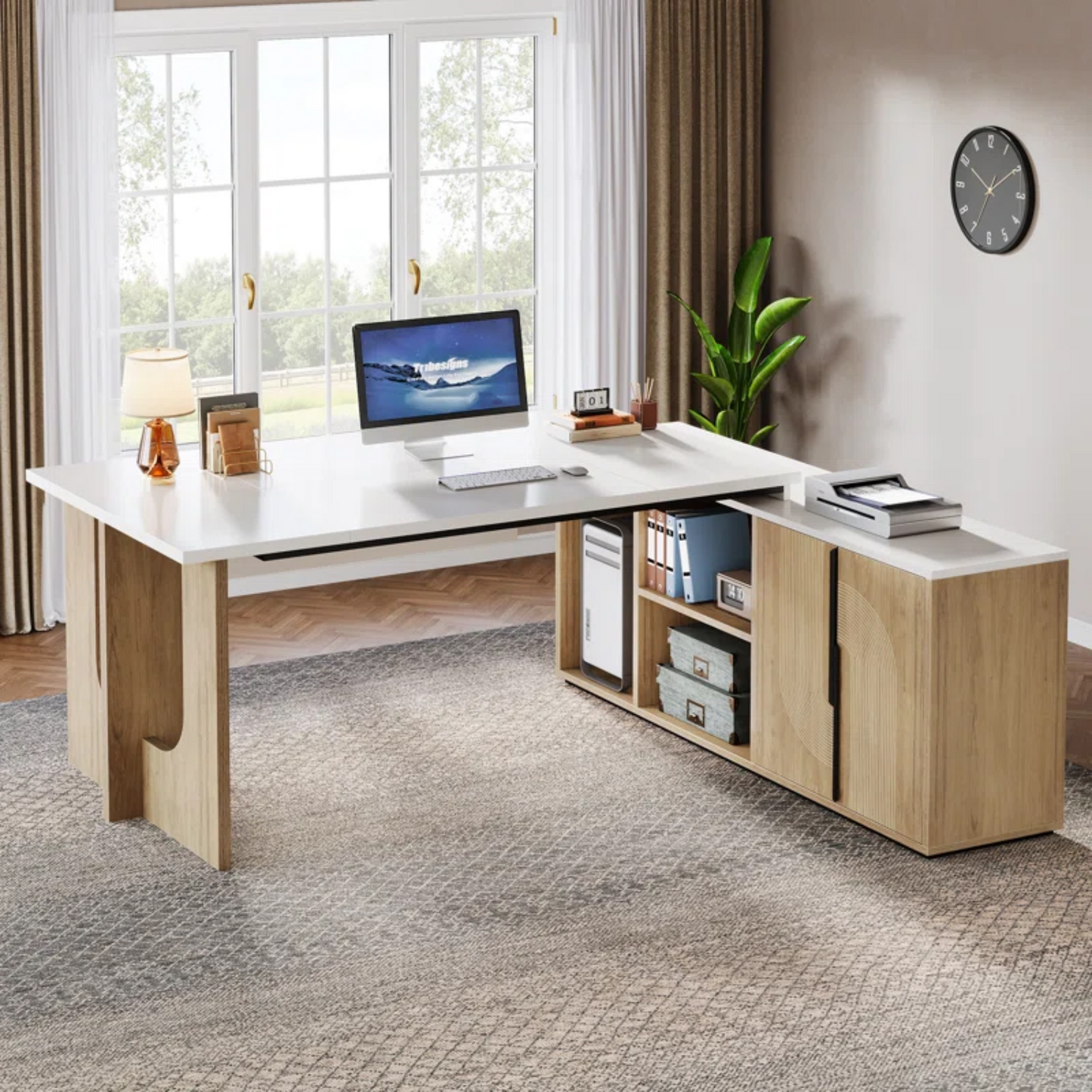 74.8" Executive Desk, Large Office Desk with Cabinet, L Shaped Computer Desk Business Furniture Workstation Set