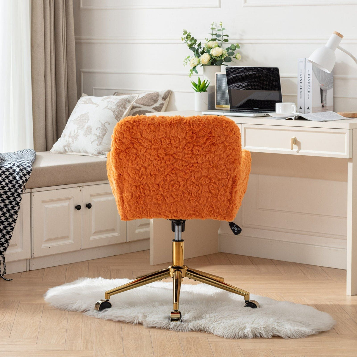 Artificial Rabbit Hair Office Chair with Metal Base - Swivel, Adjustable Height