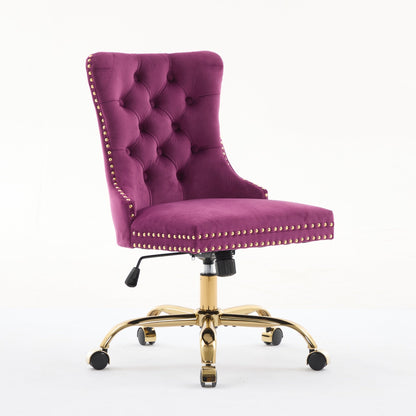 Purple Modern Velvet Upholstered Office Chair with Tufted Buttons - Golden Accents