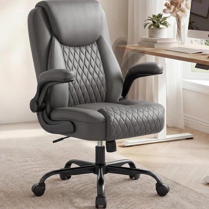 Mid-Back Office Chair, Ergonomic PU Desk Chair with Flip up Arms, Small Computer Gaming with Comfy Lumbar Support,Rocking Function,Sturdy Metal Base, Grey