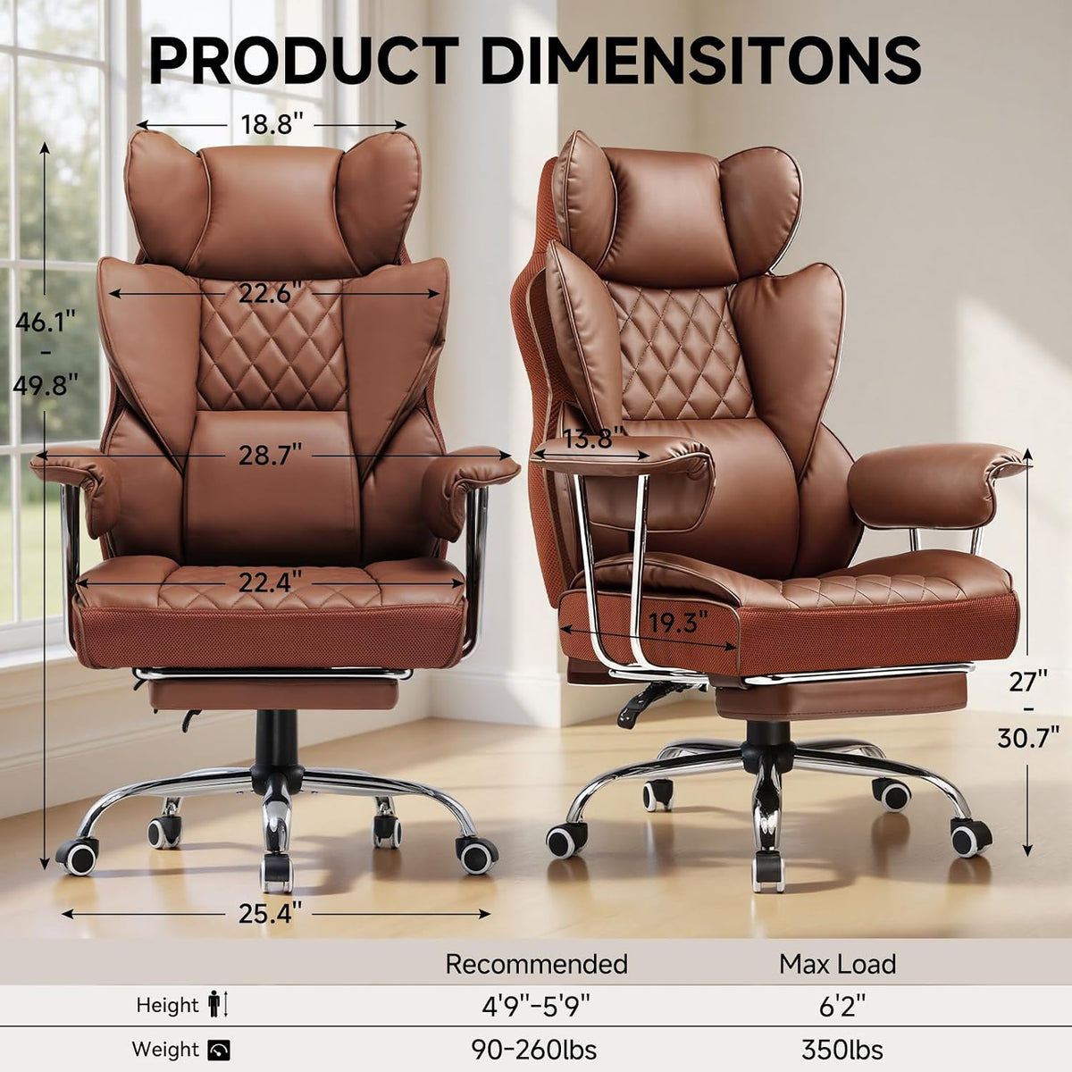 Big and Tall Office Chair, High Back Leather Gaming Chair with Footrest, Executive Ergonomic Office Chairs with Pocket Spring Lumbar Support and with Outward Fixed Soft Armrests