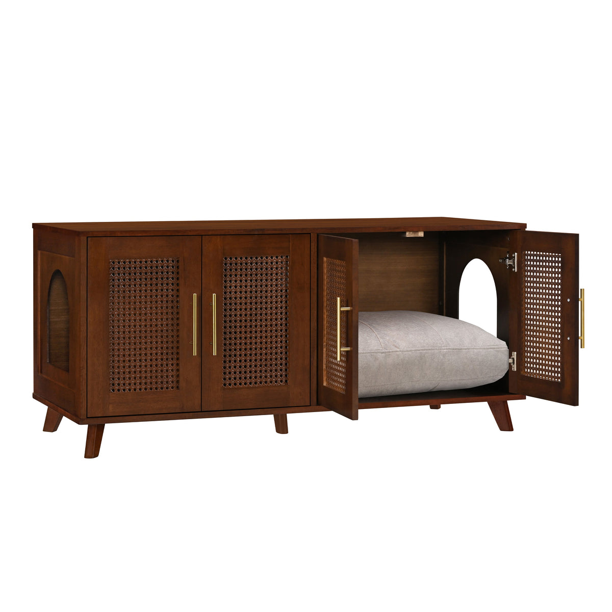 Rubber Wood Cat Cabinet with Cozy Cushion - Natural Finish