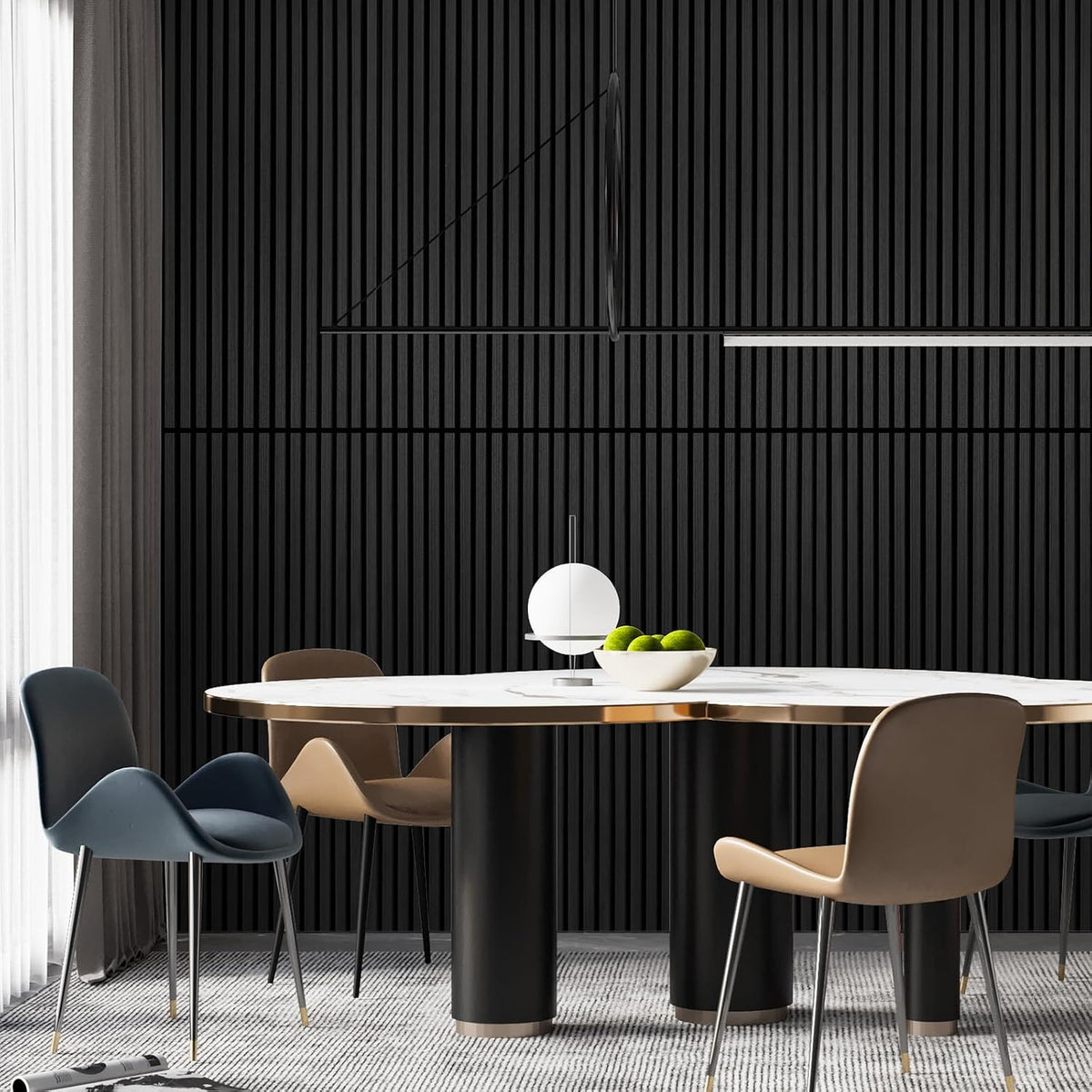 Home Acoustic Panels for Wall & Ceiling - 3D Fluted Soundproof Studio Panels for Home Theater, Bedroom, Office Noise Reduction - Set of 2 Wood Slat Panels 47.2"X23.6", Matte Black Wall Decor