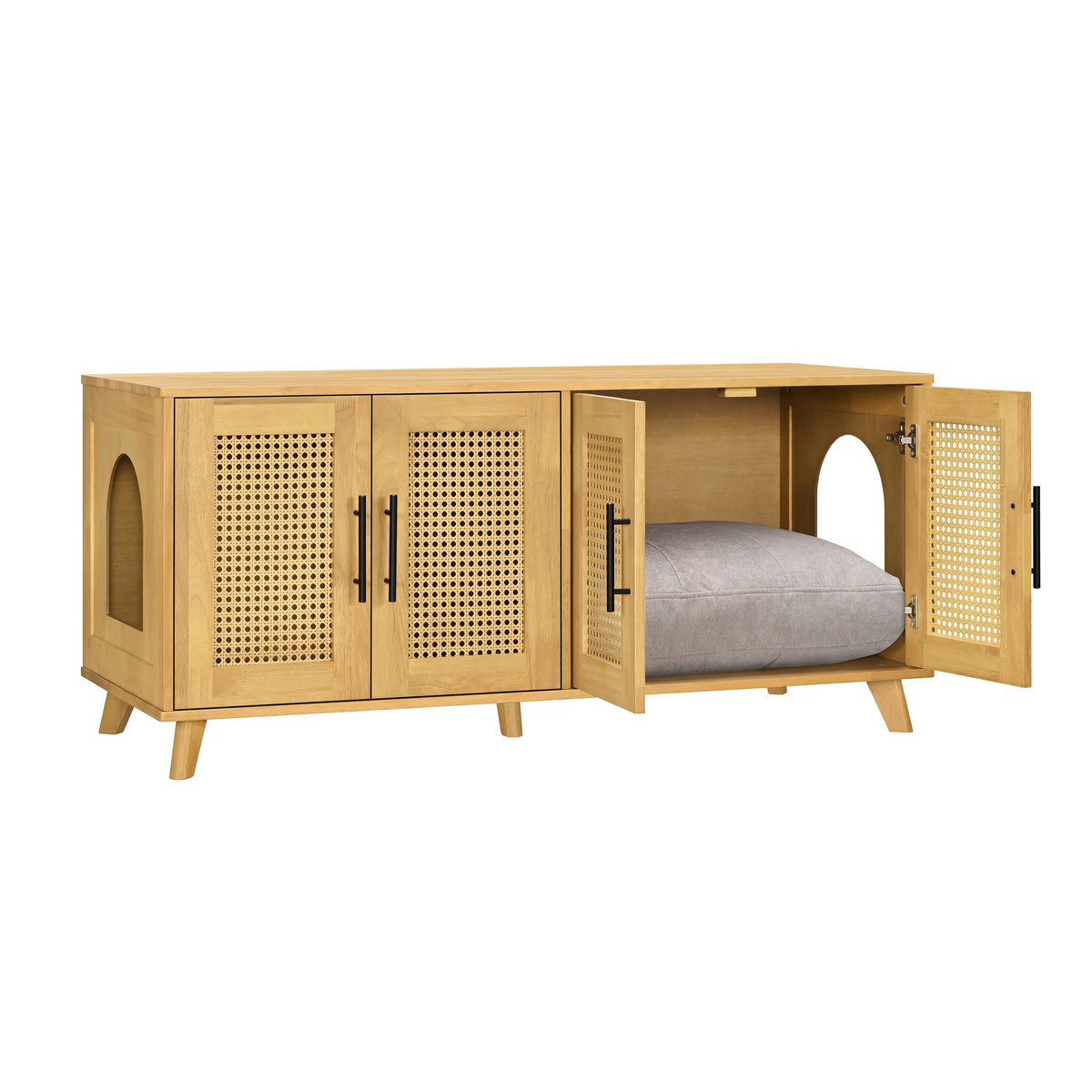 Rubberwood Cat Cabinet with Plush Cushion & Rattan Doors – Natural