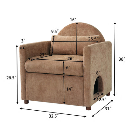 Coffee Pet Friendly Accent Chair with Hidden Pet Nook - Acacia Wood
