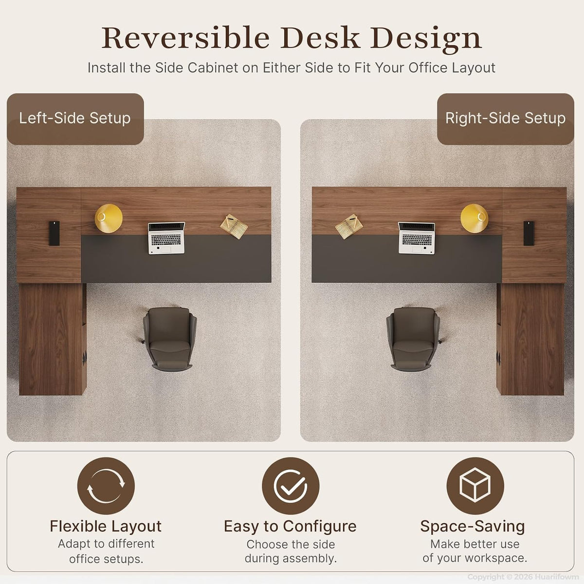 63" Reversible L-Shaped Executive Desk with Power Outlets and Drawers