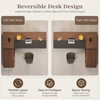 63" Reversible L-Shaped Executive Desk with Power Outlets and Drawers